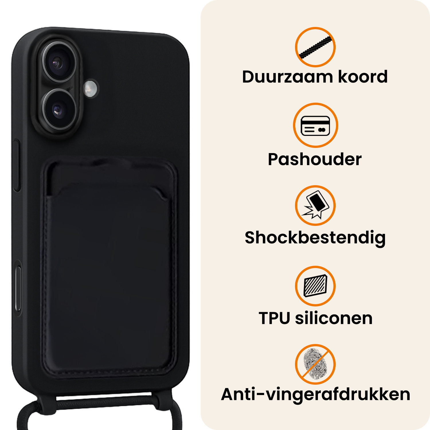 Nomfy Nomfy iPhone 16 Plus Hoesje Pashouder met Koord Met Screenprotector - Zwart