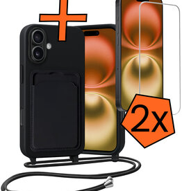 Nomfy Nomfy iPhone 16 Plus Hoesje Pashouder met Koord Met 2x Screenprotector - Zwart