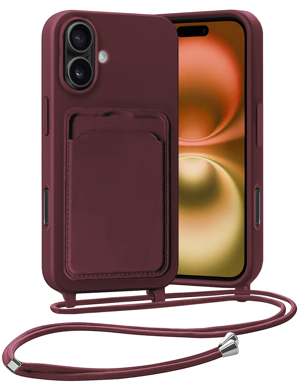 Nomfy Nomfy iPhone 16 Hoesje Pashouder met Koord - Aubergine
