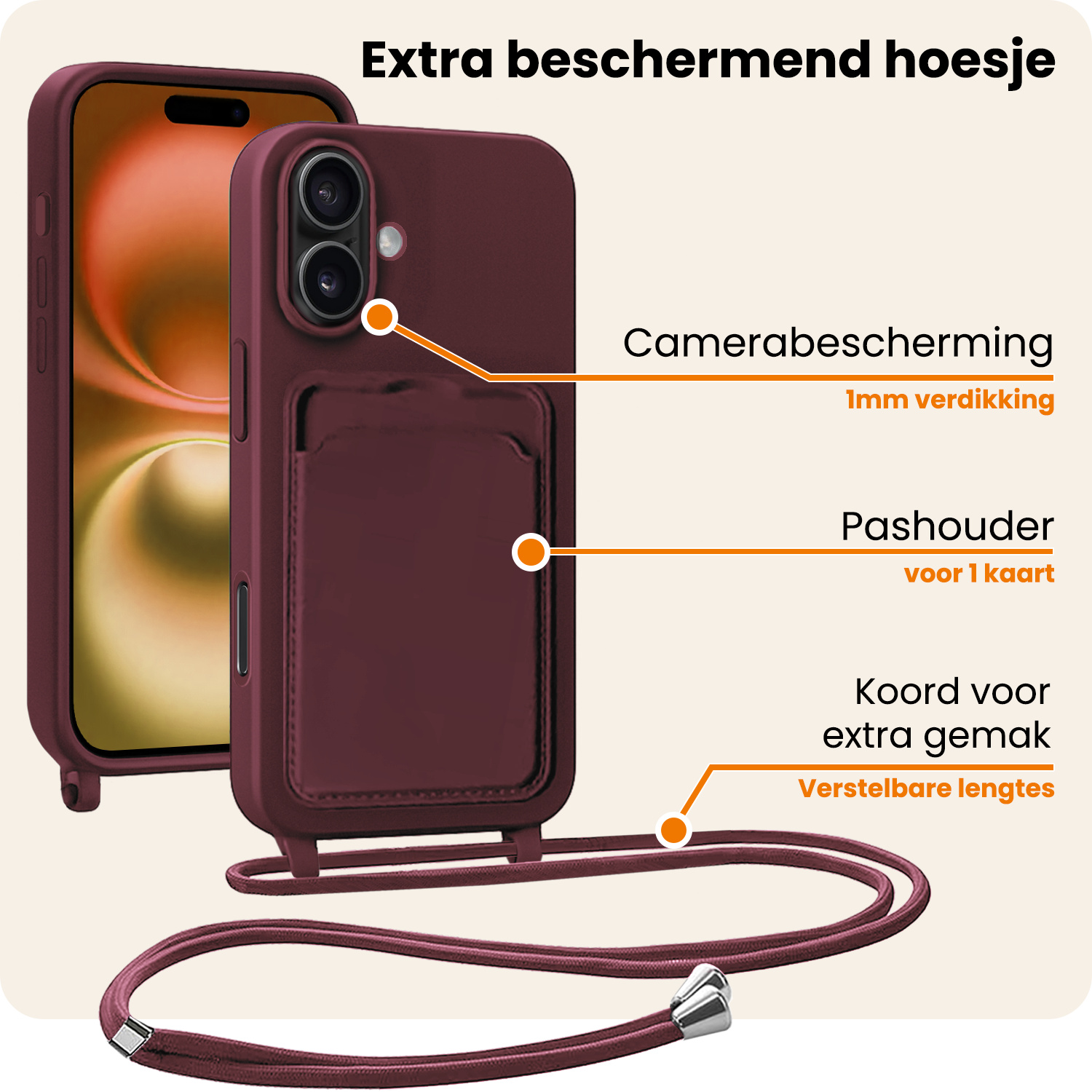 Nomfy Nomfy iPhone 16 Hoesje Pashouder met Koord - Aubergine - 2 PACK