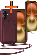 Nomfy Nomfy iPhone 16 Hoesje Pashouder met Koord Met Screenprotector - Aubergine