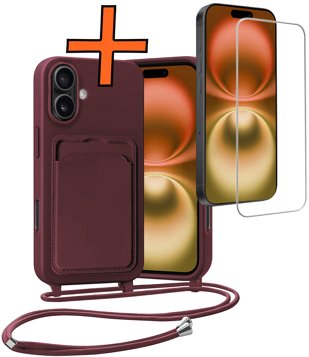 Nomfy Nomfy iPhone 16 Hoesje Pashouder met Koord Met Screenprotector - Aubergine