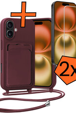 Nomfy Nomfy iPhone 16 Hoesje Pashouder met Koord Met 2x Screenprotector - Aubergine