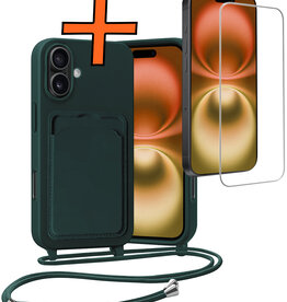 Nomfy Nomfy iPhone 16 Hoesje Pashouder met Koord Met Screenprotector - Donkergroen
