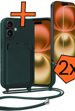 Nomfy Nomfy iPhone 16 Hoesje Pashouder met Koord Met 2x Screenprotector - Donkergroen