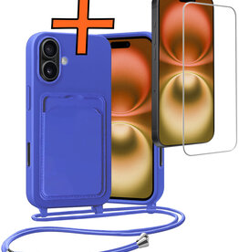 Nomfy Nomfy iPhone 16 Hoesje Pashouder met Koord Met Screenprotector - Fel Blauw