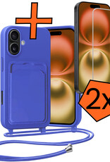 Nomfy Nomfy iPhone 16 Hoesje Pashouder met Koord Met 2x Screenprotector - Fel Blauw