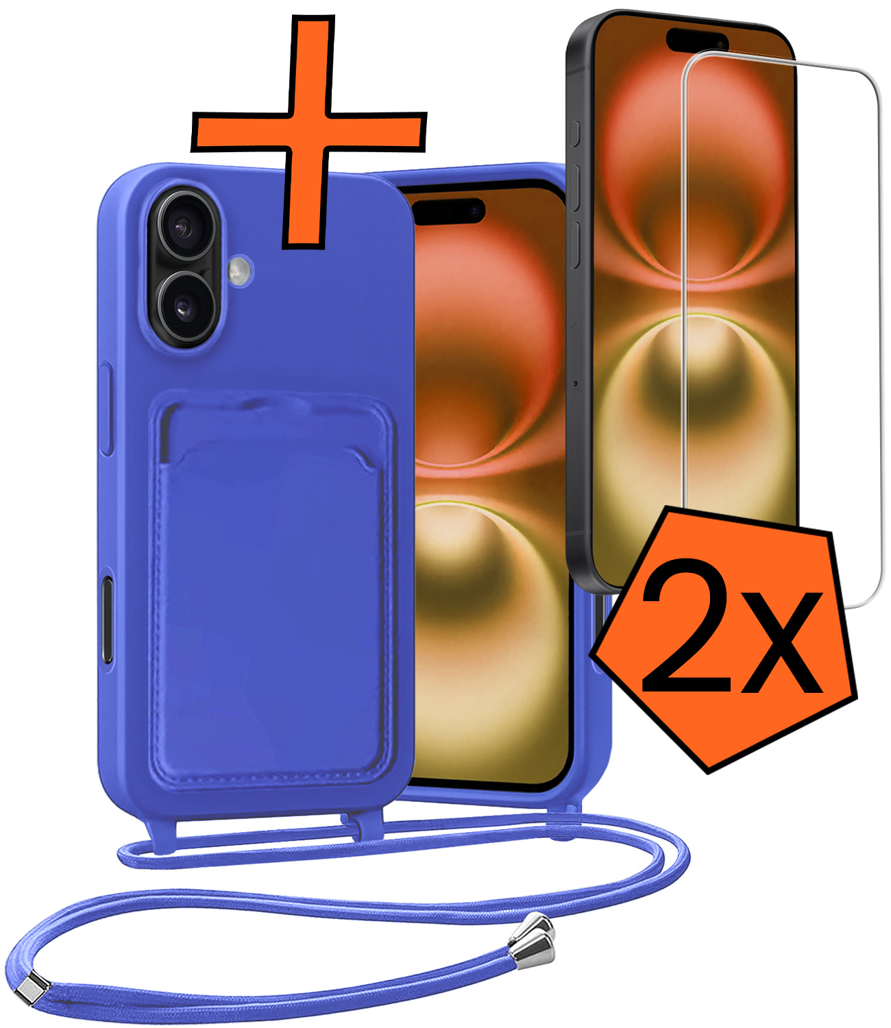 Nomfy Nomfy iPhone 16 Hoesje Pashouder met Koord Met 2x Screenprotector - Fel Blauw
