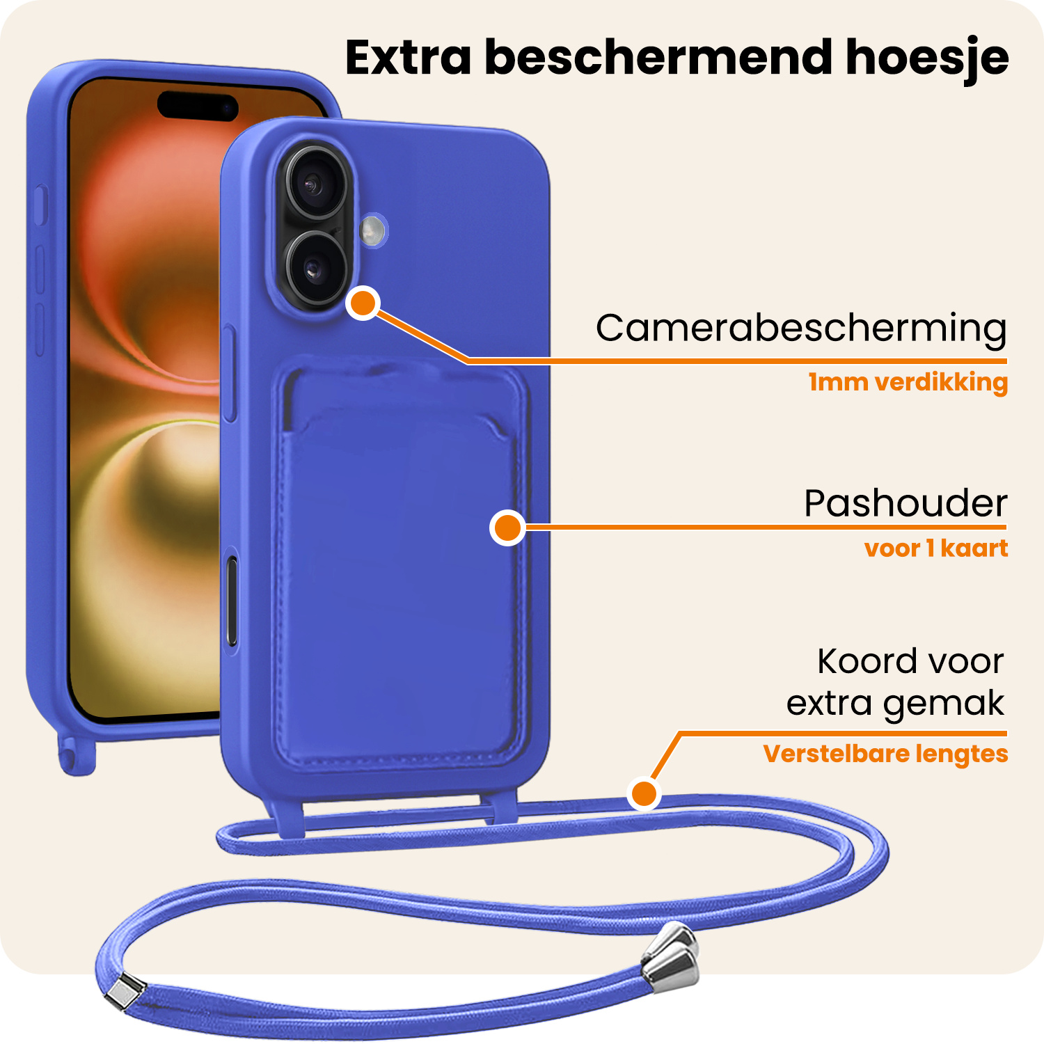 Nomfy Nomfy iPhone 16 Hoesje Pashouder met Koord Met 2x Screenprotector - Fel Blauw