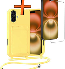 Nomfy Nomfy iPhone 16 Hoesje Pashouder met Koord Met Screenprotector - Geel