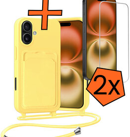Nomfy Nomfy iPhone 16 Hoesje Pashouder met Koord Met 2x Screenprotector - Geel