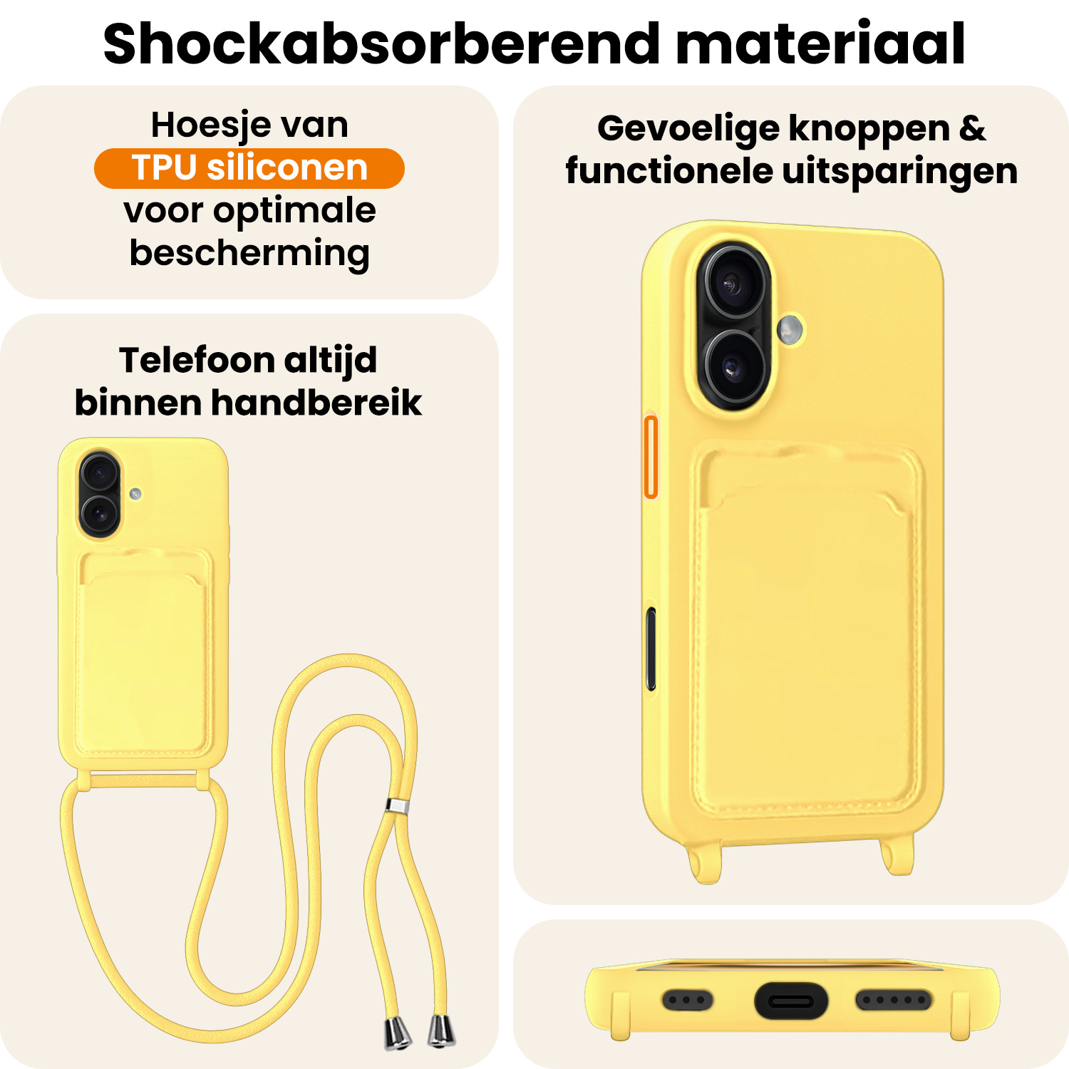 Nomfy Nomfy iPhone 16 Hoesje Pashouder met Koord Met 2x Screenprotector - Geel