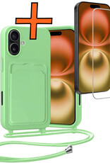 Nomfy Nomfy iPhone 16 Hoesje Pashouder met Koord Met Screenprotector - Groen