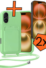 Nomfy Nomfy iPhone 16 Hoesje Pashouder met Koord Met 2x Screenprotector - Groen