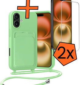 Nomfy Nomfy iPhone 16 Hoesje Pashouder met Koord Met 2x Screenprotector - Groen