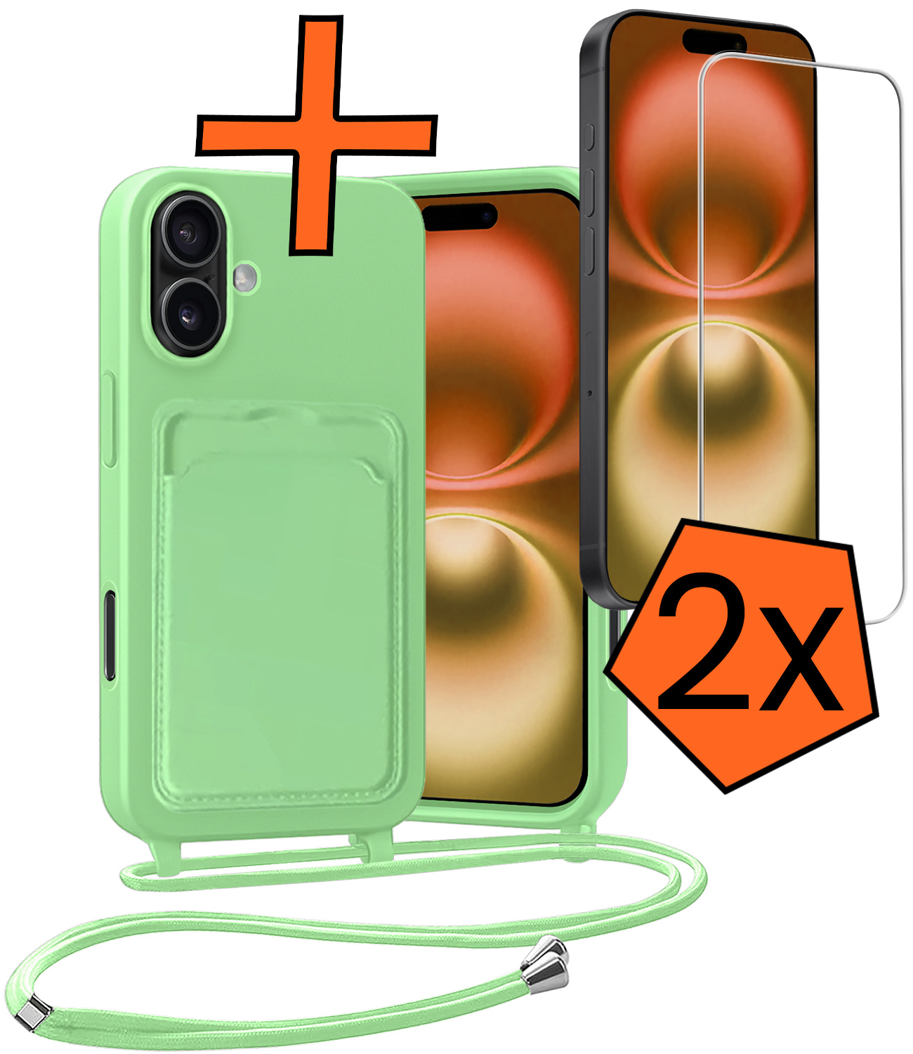 Nomfy Nomfy iPhone 16 Hoesje Pashouder met Koord Met 2x Screenprotector - Groen