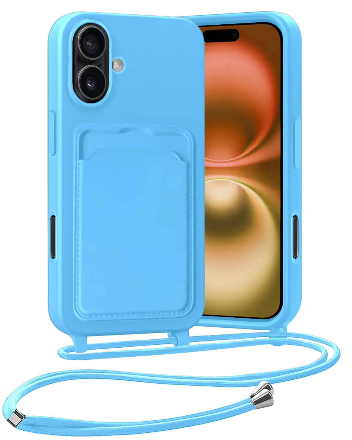 Nomfy Nomfy iPhone 16 Hoesje Pashouder met Koord - Lichtblauw