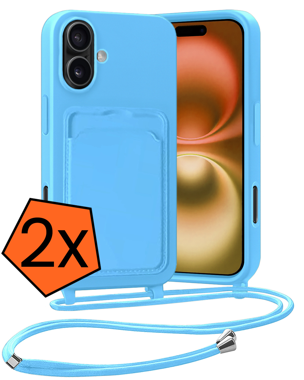 Nomfy Nomfy iPhone 16 Hoesje Pashouder met Koord - Lichtblauw - 2 PACK