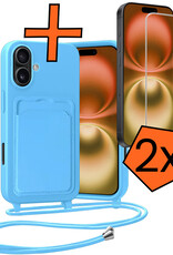 Nomfy Nomfy iPhone 16 Hoesje Pashouder met Koord Met 2x Screenprotector - Lichtblauw