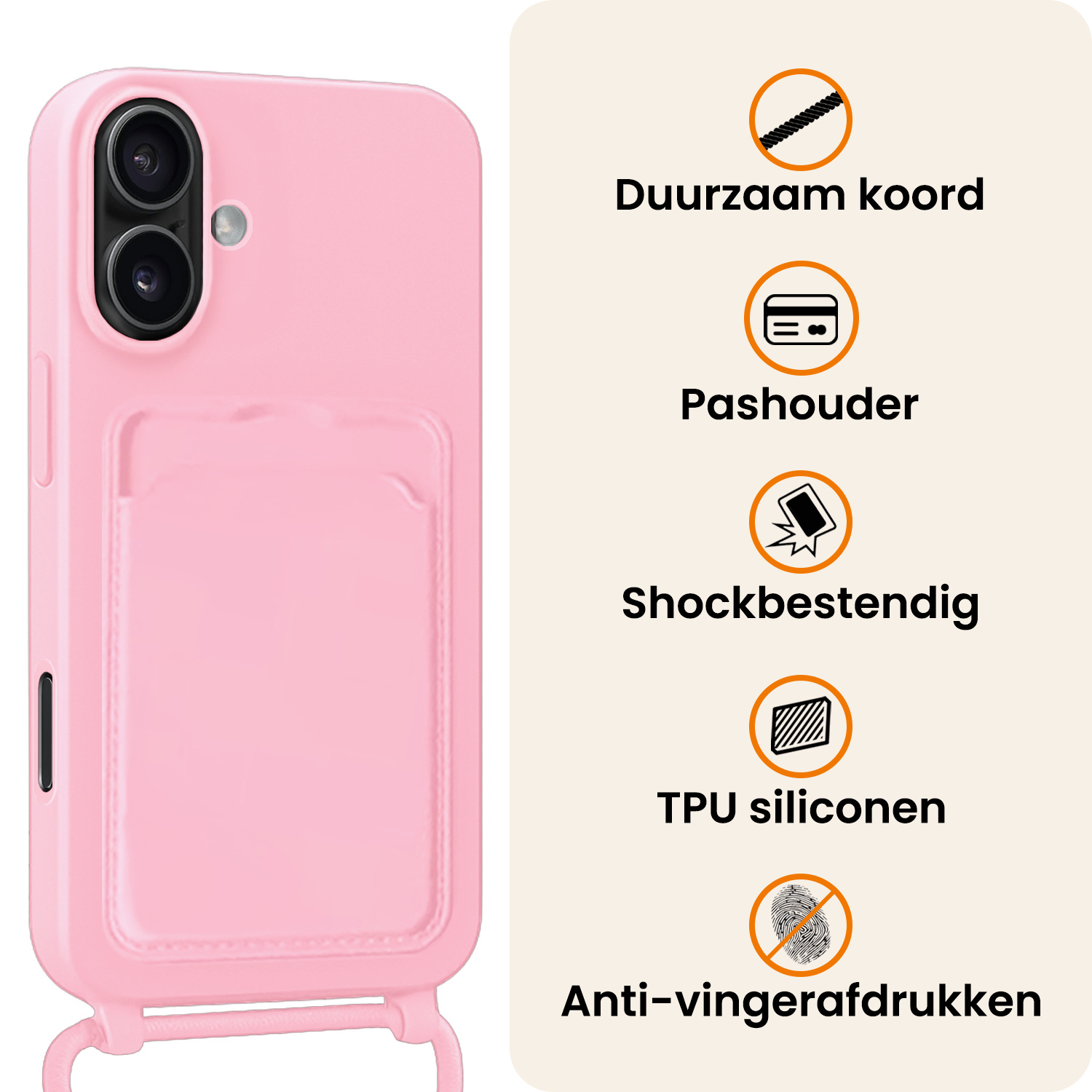 Nomfy Nomfy iPhone 16 Hoesje Pashouder met Koord - Lichtroze - 2 PACK