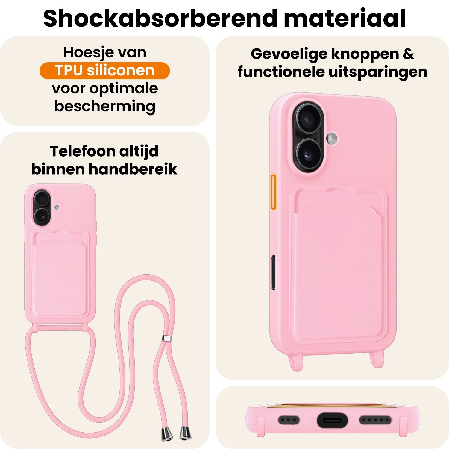Nomfy Nomfy iPhone 16 Hoesje Pashouder met Koord - Lichtroze - 2 PACK