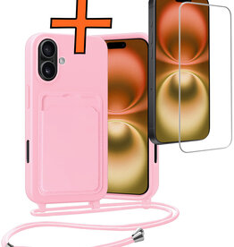 Nomfy Nomfy iPhone 16 Hoesje Pashouder met Koord Met Screenprotector - Lichtroze