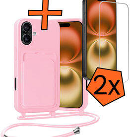Nomfy Nomfy iPhone 16 Hoesje Pashouder met Koord Met 2x Screenprotector - Lichtroze