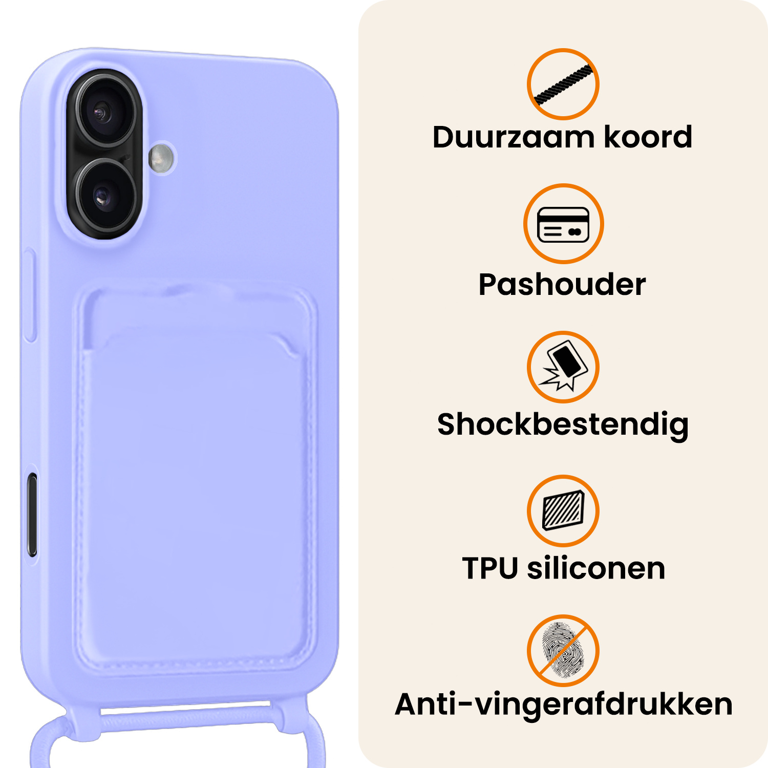 Nomfy Nomfy iPhone 16 Hoesje Pashouder met Koord - Lila