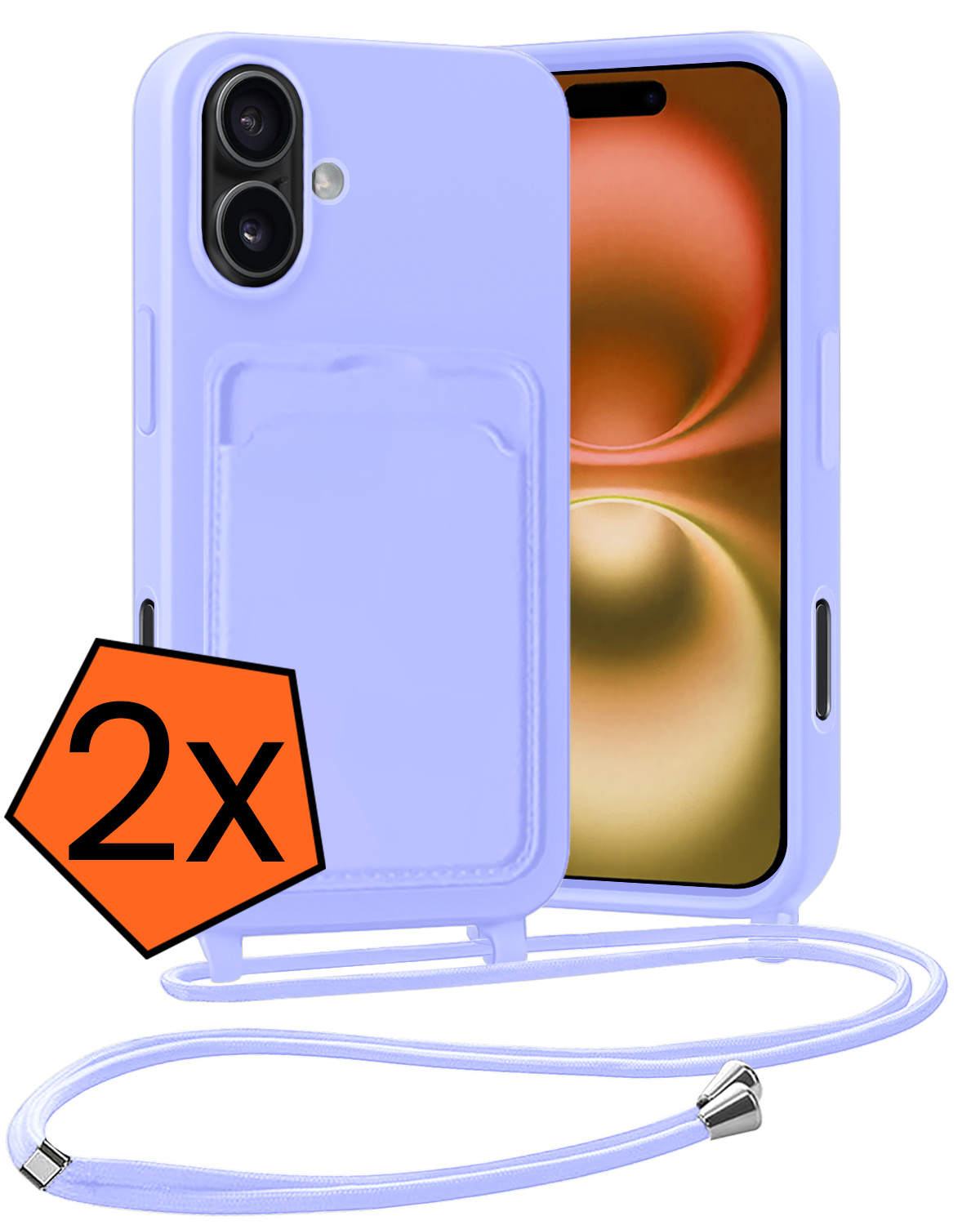 Nomfy Nomfy iPhone 16 Hoesje Pashouder met Koord - Lila - 2 PACK