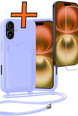 Nomfy Nomfy iPhone 16 Hoesje Pashouder met Koord Met Screenprotector - Lila