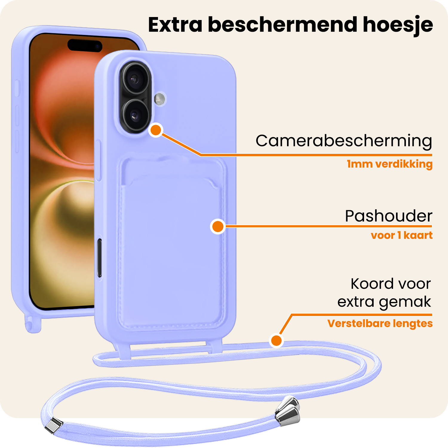 Nomfy Nomfy iPhone 16 Hoesje Pashouder met Koord Met Screenprotector - Lila