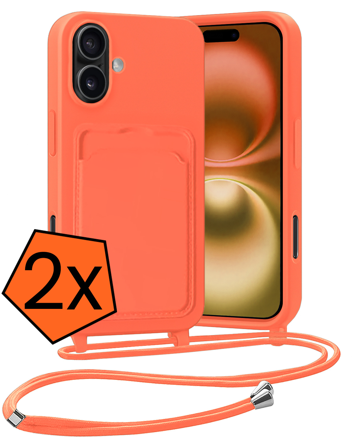 Nomfy Nomfy iPhone 16 Hoesje Pashouder met Koord - Papaya - 2 PACK