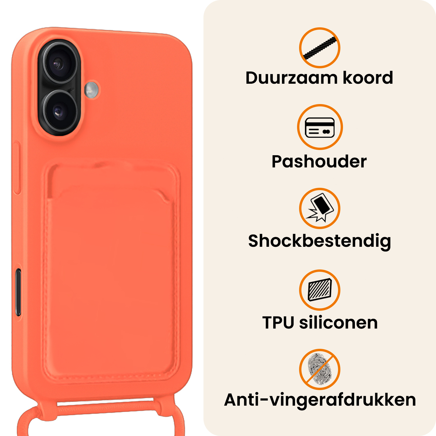 Nomfy Nomfy iPhone 16 Hoesje Pashouder met Koord - Papaya - 2 PACK