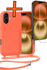 Nomfy Nomfy iPhone 16 Hoesje Pashouder met Koord Met Screenprotector - Papaya