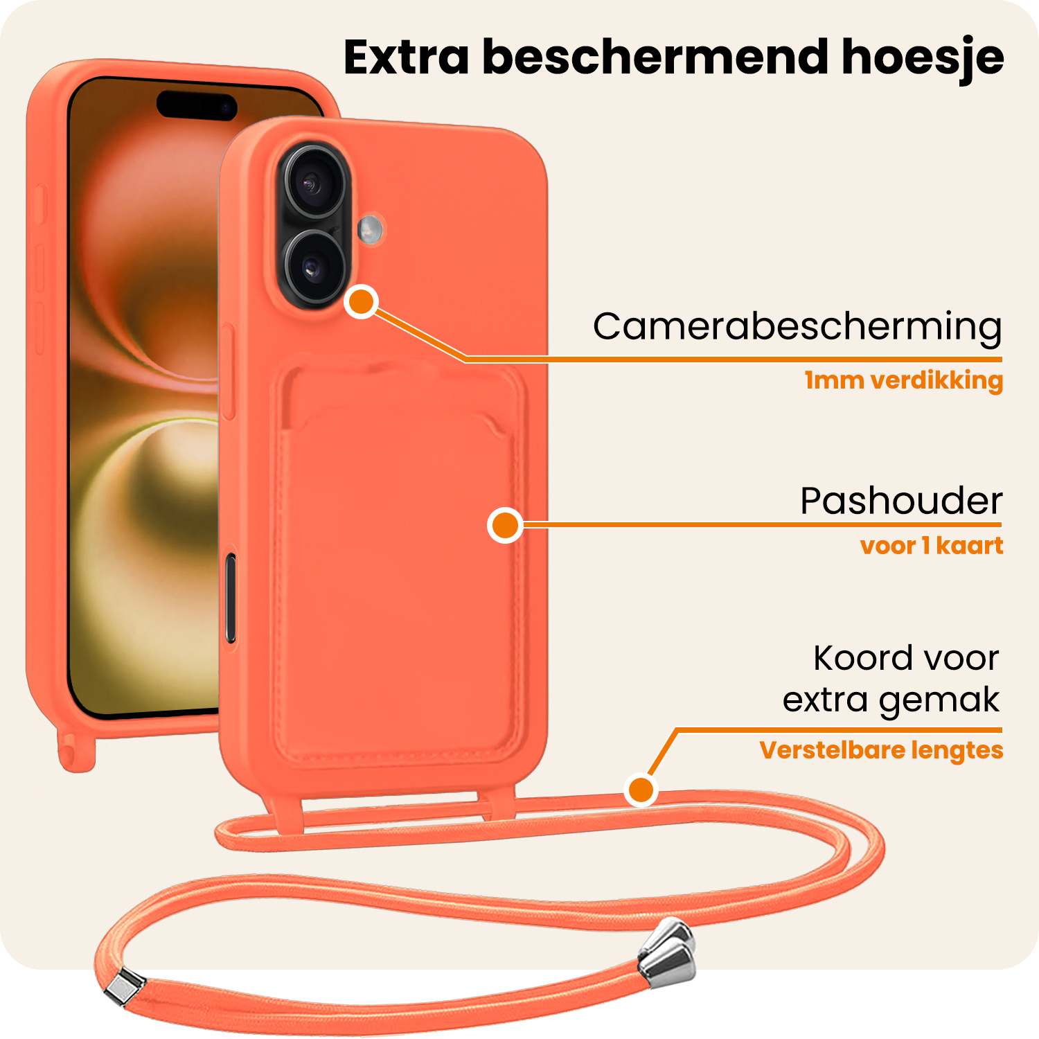 Nomfy Nomfy iPhone 16 Hoesje Pashouder met Koord Met Screenprotector - Papaya