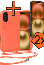 Nomfy Nomfy iPhone 16 Hoesje Pashouder met Koord Met 2x Screenprotector - Papaya