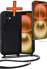 Nomfy Nomfy iPhone 16 Hoesje Pashouder met Koord Met Screenprotector - Zwart