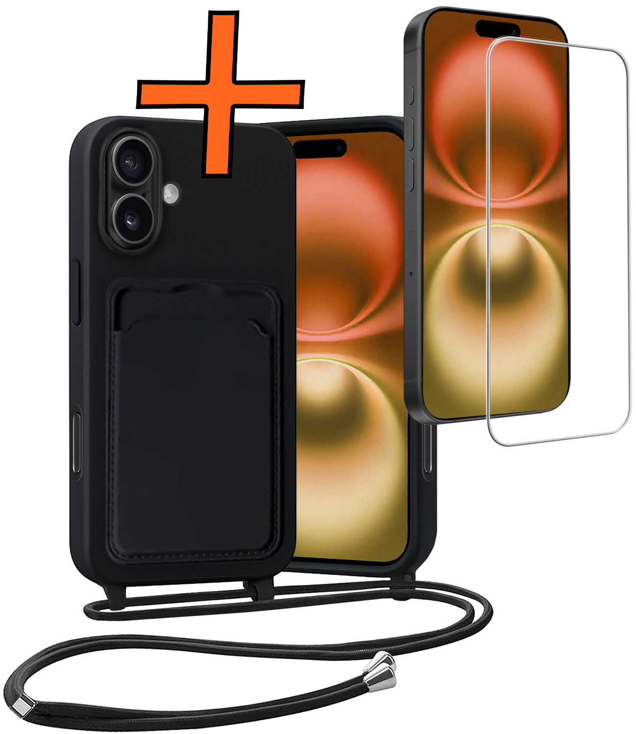Nomfy Nomfy iPhone 16 Hoesje Pashouder met Koord Met Screenprotector - Zwart