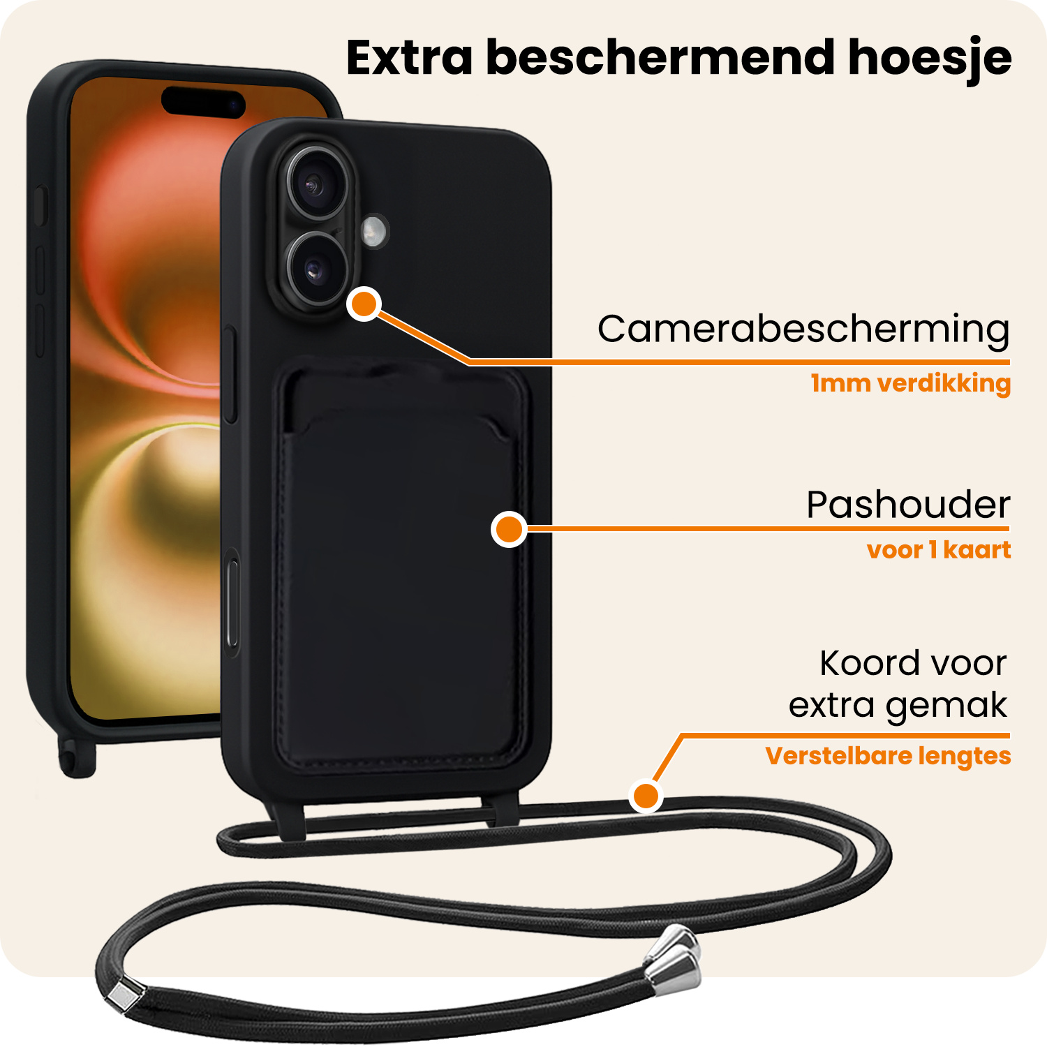 Nomfy Nomfy iPhone 16 Hoesje Pashouder met Koord Met Screenprotector - Zwart