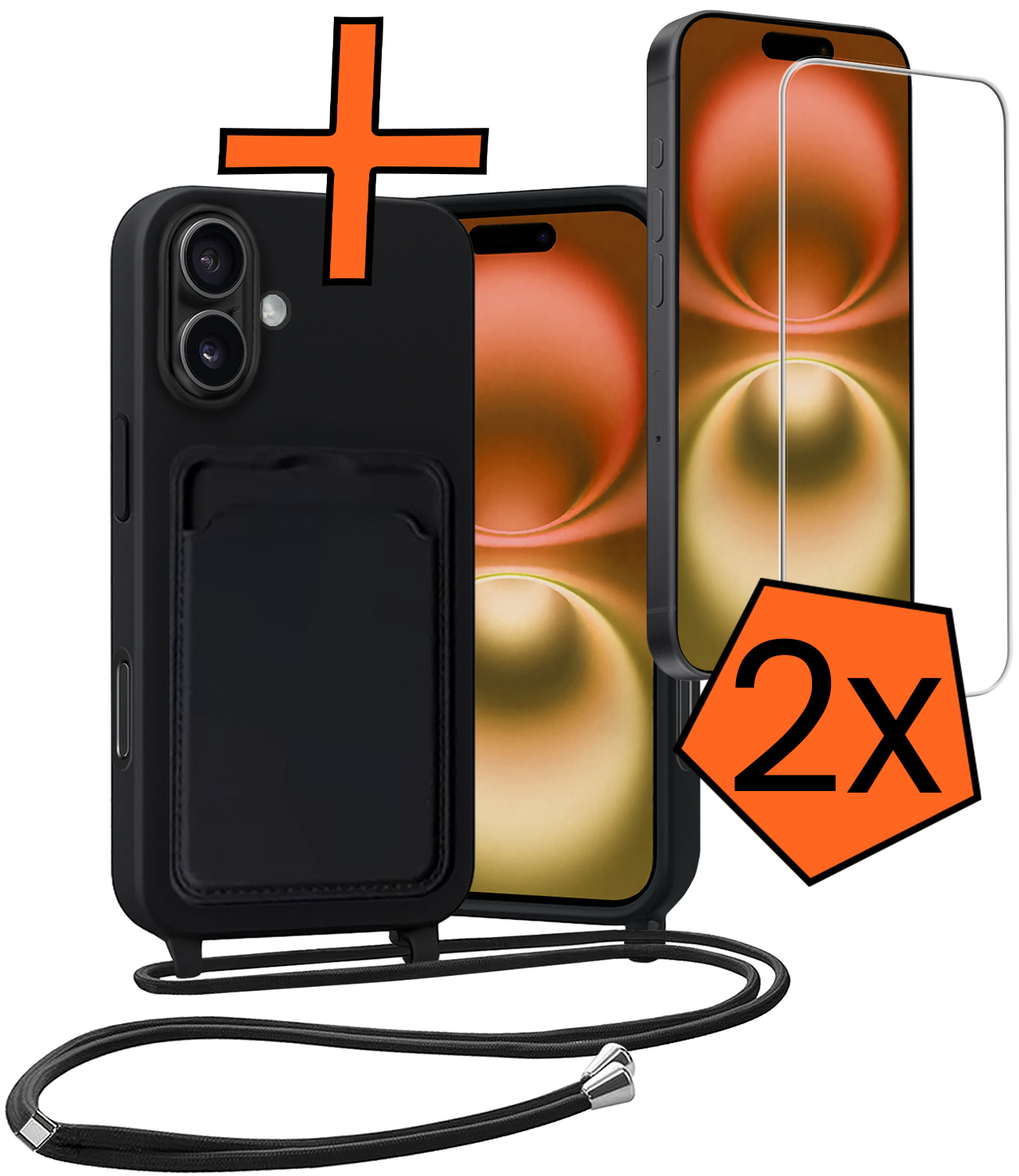 Nomfy Nomfy iPhone 16 Hoesje Pashouder met Koord Met 2x Screenprotector - Zwart