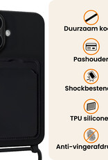 Nomfy Nomfy iPhone 16 Hoesje Pashouder met Koord Met 2x Screenprotector - Zwart