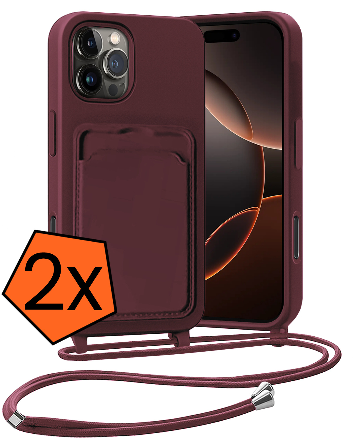 Nomfy Nomfy iPhone 16 Pro Hoesje Pashouder met Koord - Aubergine - 2 PACK