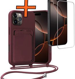 Nomfy Nomfy iPhone 16 Pro Hoesje Pashouder met Koord Met Screenprotector - Aubergine
