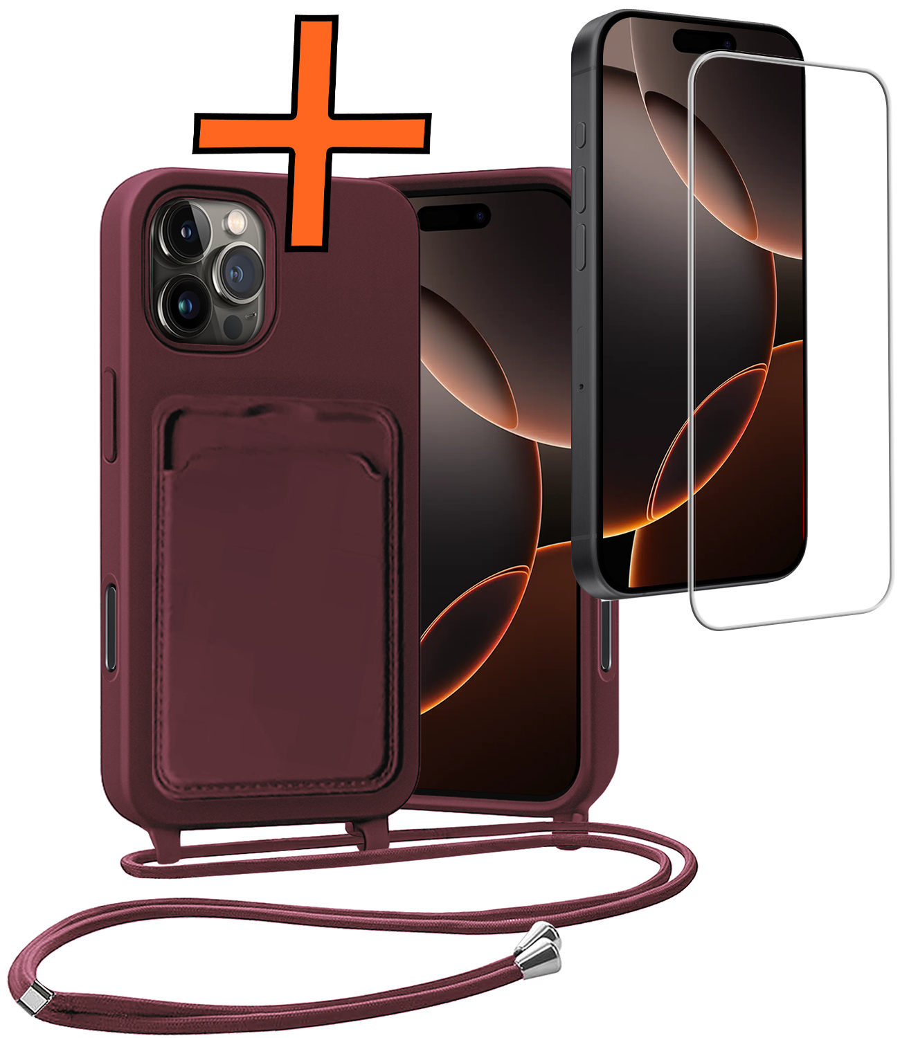 Nomfy Nomfy iPhone 16 Pro Hoesje Pashouder met Koord Met Screenprotector - Aubergine