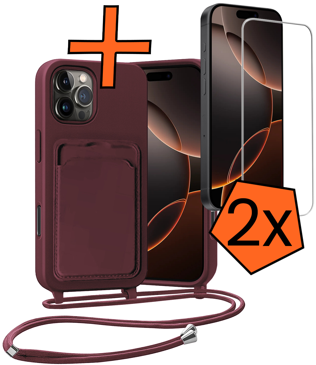 Nomfy Nomfy iPhone 16 Pro Hoesje Pashouder met Koord Met 2x Screenprotector - Aubergine