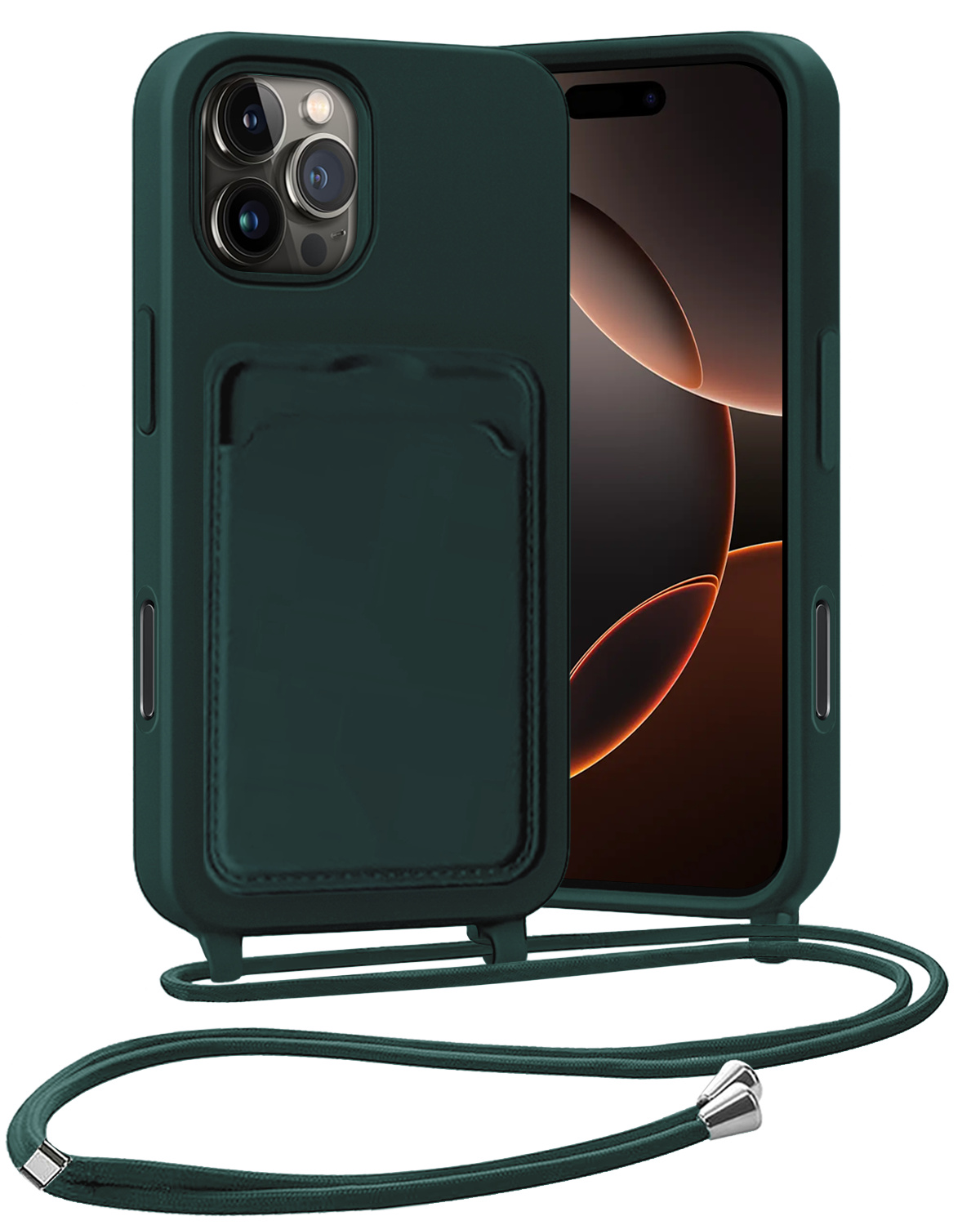 Nomfy Nomfy iPhone 16 Pro Hoesje Pashouder met Koord - Donkergroen