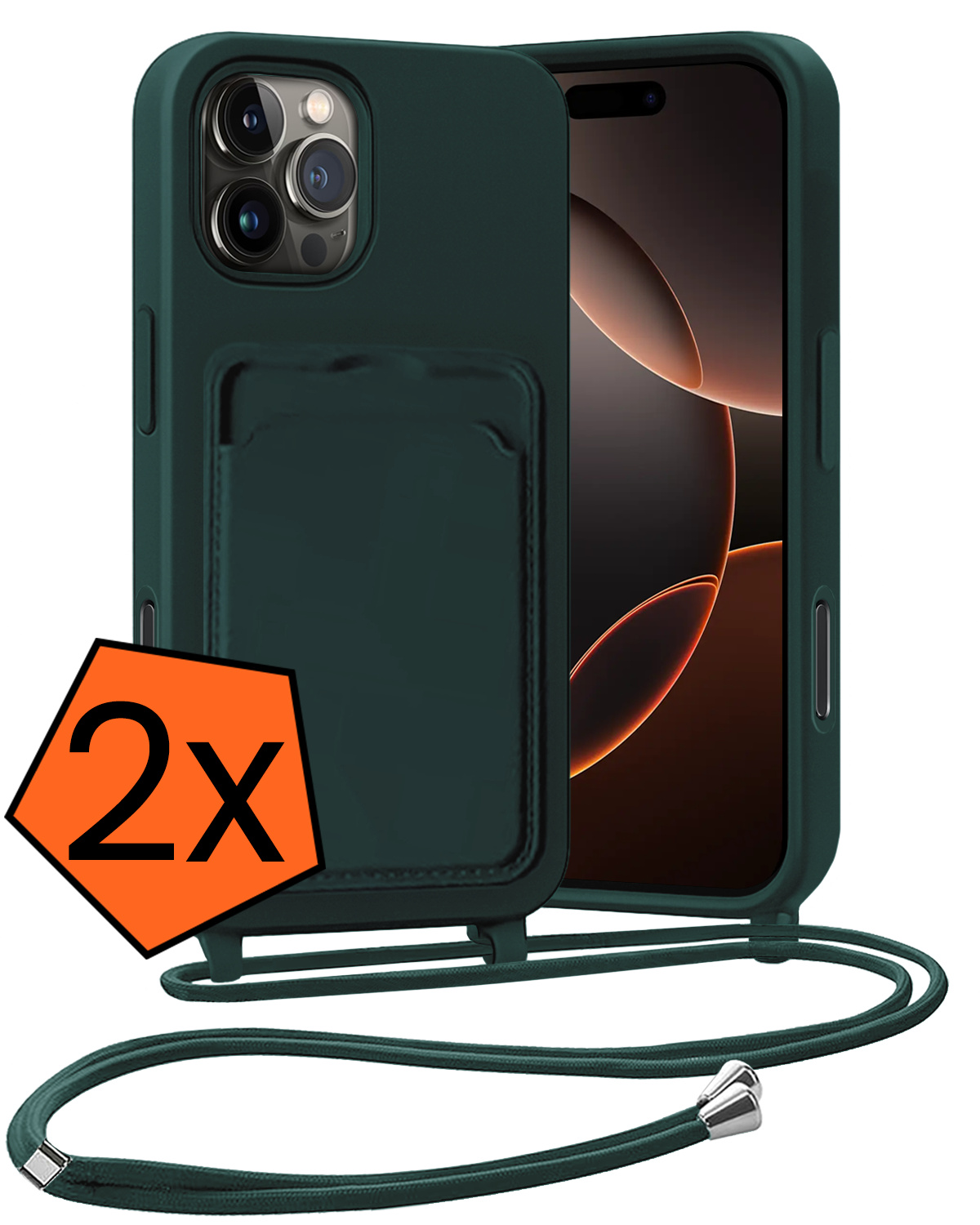 Nomfy Nomfy iPhone 16 Pro Hoesje Pashouder met Koord - Donkergroen - 2 PACK