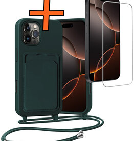 Nomfy Nomfy iPhone 16 Pro Hoesje Pashouder met Koord Met Screenprotector - Donkergroen