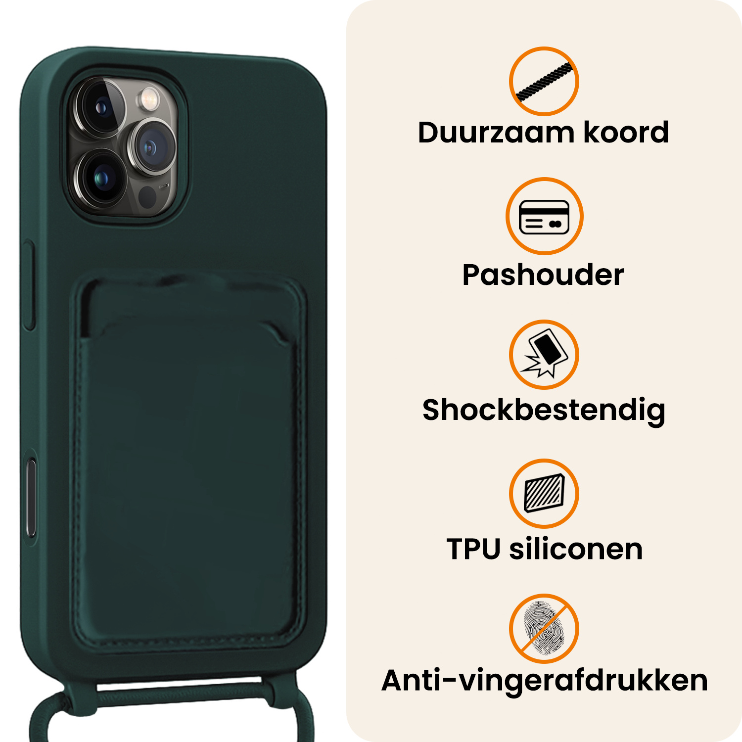 Nomfy Nomfy iPhone 16 Pro Hoesje Pashouder met Koord Met Screenprotector - Donkergroen