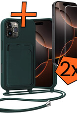 Nomfy Nomfy iPhone 16 Pro Hoesje Pashouder met Koord Met 2x Screenprotector - Donkergroen